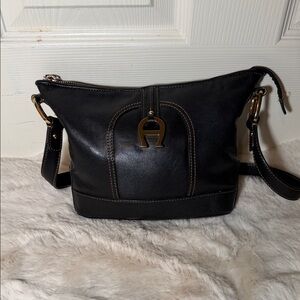 Etienne Aigner Black Leather Shoulder Bag with Gold Hardware